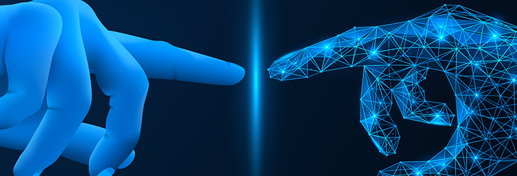 Technology photo for detail page, showing two hands with fingers touching - one is normal flesh and the other is digitized